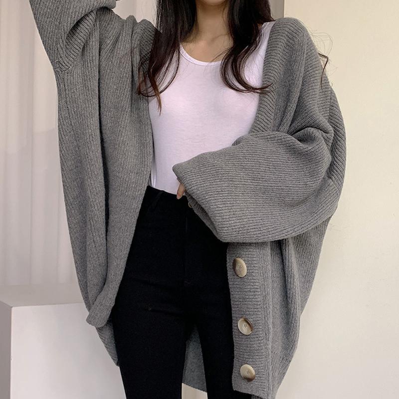 Plus Size Women Sweater Autumn Winter Loose Knitting Korean Lantern Sleeve Cardigan Single Breasted Oversized Sweaters