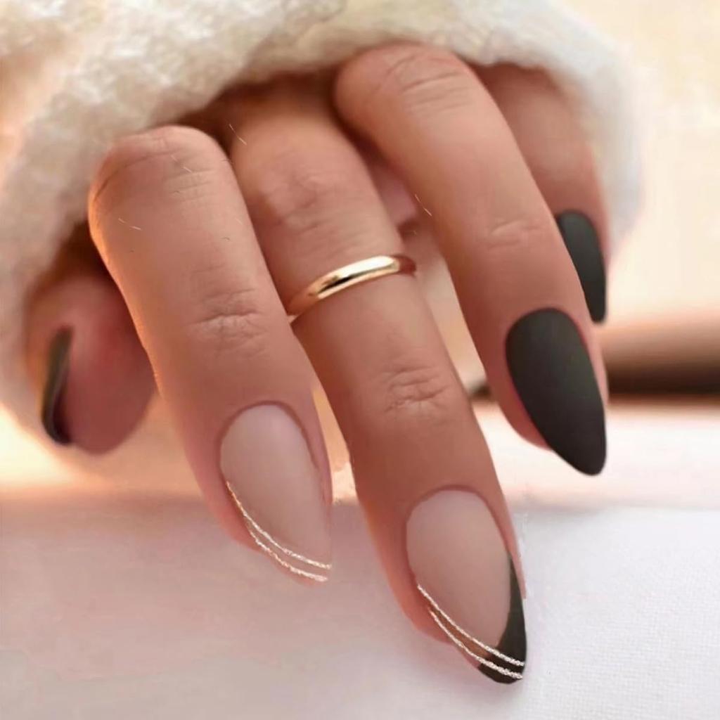 Matte Reusable Artificial Fake False Press On Nails 24 PCS Set Nude Skin Color with Golden Glitter & Black Color with Kit