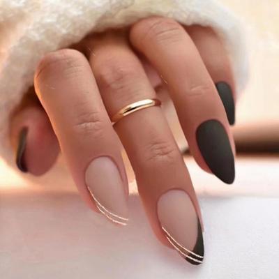 Unhas postiças artificiais reutilizáveis e foscas, conjunto com 24 peças, cor nude com glitter dourado e preto, com kit