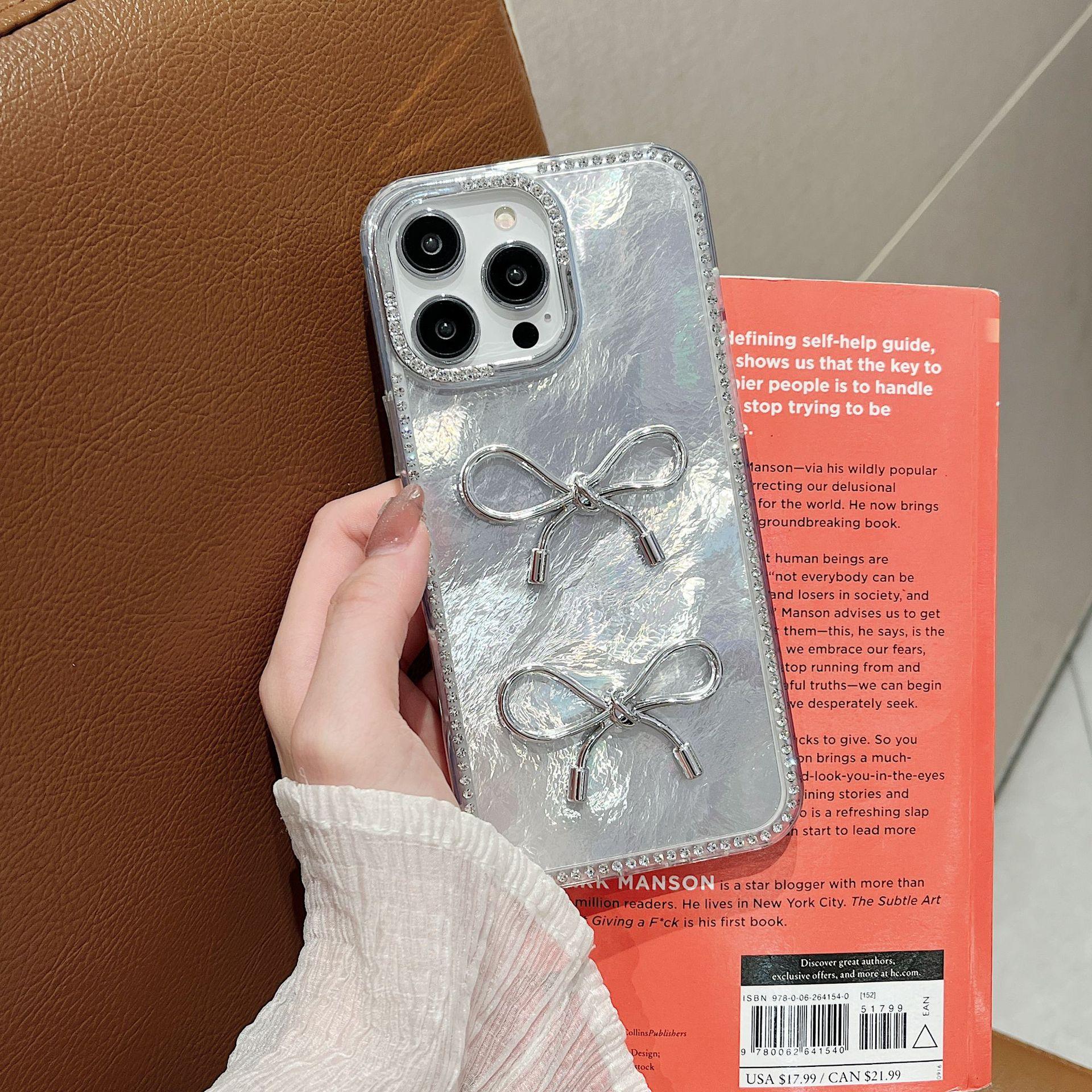 

Applicable To IPhone16proMax Laser Feather Bow Mobile Phone Case Apple 15 Flashing Powder Diamond Anti Fall Protection Case iPhone16