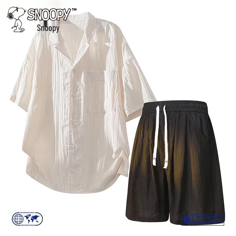 SNOOPY Men s Summer Casual Ice Silk Shirt & Shorts Two-Piece Set XL
