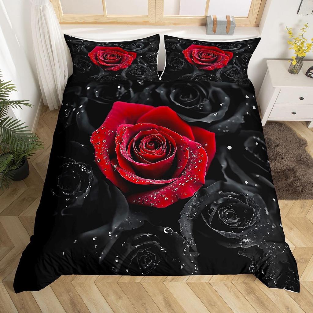 Roslakan Set Romantiskt Rosblommigt Sängkläder Set Mikrofiber Botaniska Blommor Täcktäck för Kvinnor Flickors Sovrumsinredning