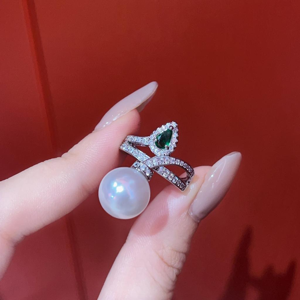 Naturperlen Rivalen Perlenringe Voller Diamanten Simulations-Smaragdring Offener Ring Weiblichkeit