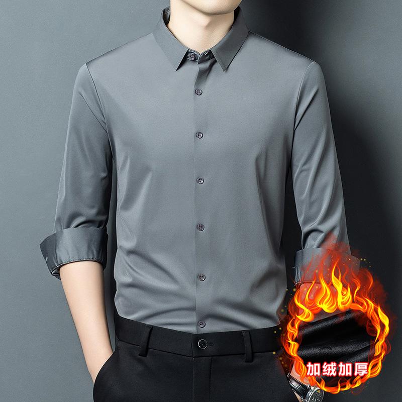 Men S Fleece Lined Long Sleeve Shirt Solid Color Business Casual Warm