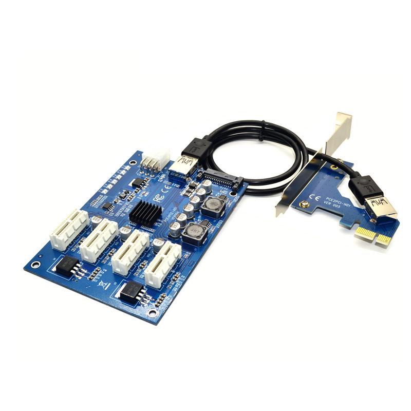 PCI-E X1 to 4PCI-E X16 Expansion Kit 1 to 4 Port PCI Express Switch Multiplier HUB 6pin sata USB Riser Card for BTC Miner Mining