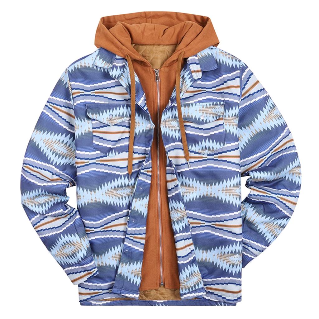 Pánská prošívaná podšitá kostkovaná košile se zapínáním na knoflíky a sametovou bundou s kapucí