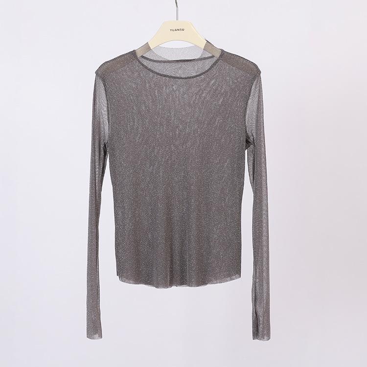 Feiyuan Women's Semi-Sheer Long-Sleeve Top, Solid Color, Versatile Sexy Base Layer, Tummy Concealer, Spring 2026 Arrival