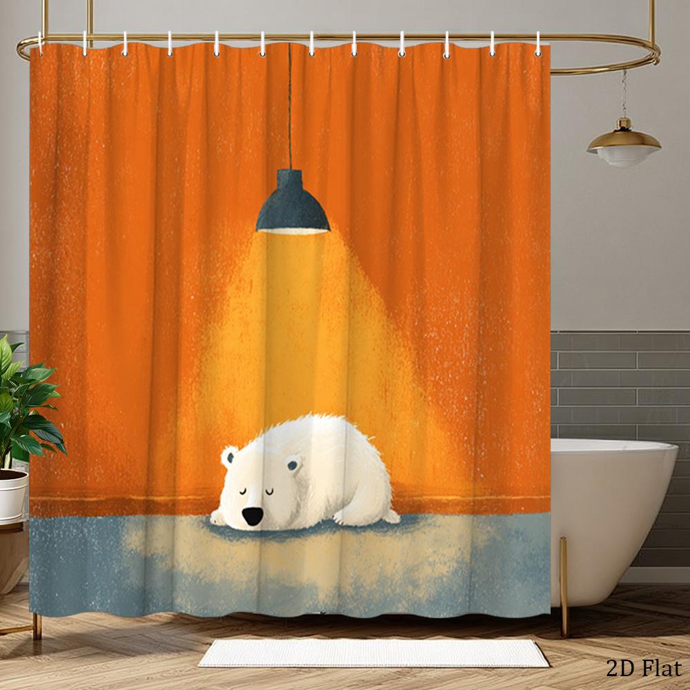 Cute Bear Shower Curtain Polar Bear Sleeping Under Hanging Lamp, Whimsical Artistic Bath Curtain For Modern Bathroom And Nursery