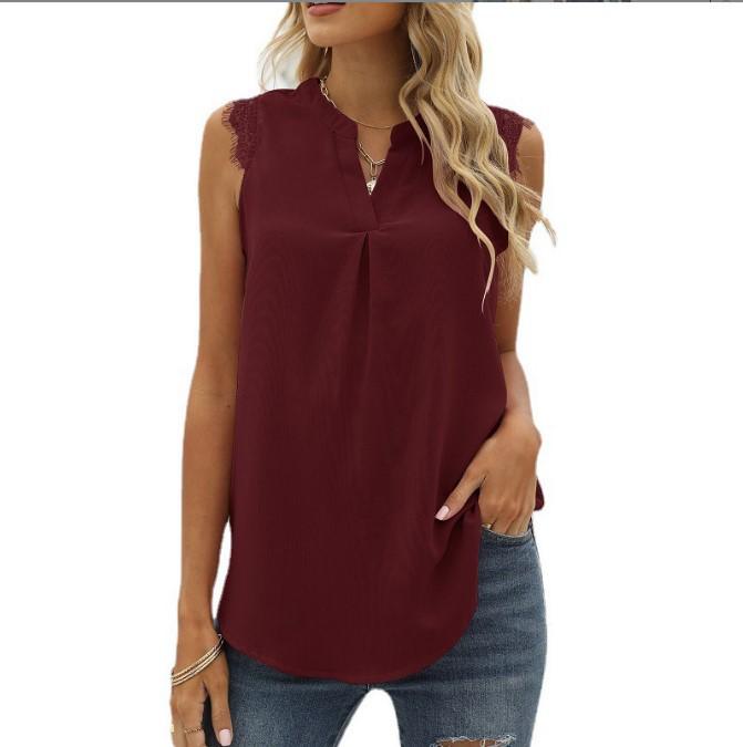 European & American Women's Fashion: Spring/Summer Solid Color V-Neck Sleeveless Shirt with Lace Trim