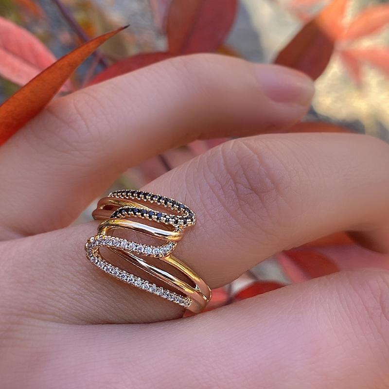 New  Rose Gold Twist Finger Rings For Women Micro Paved Black&White Natural Zircon Ring Ethnic Bride Wedding Jewelry