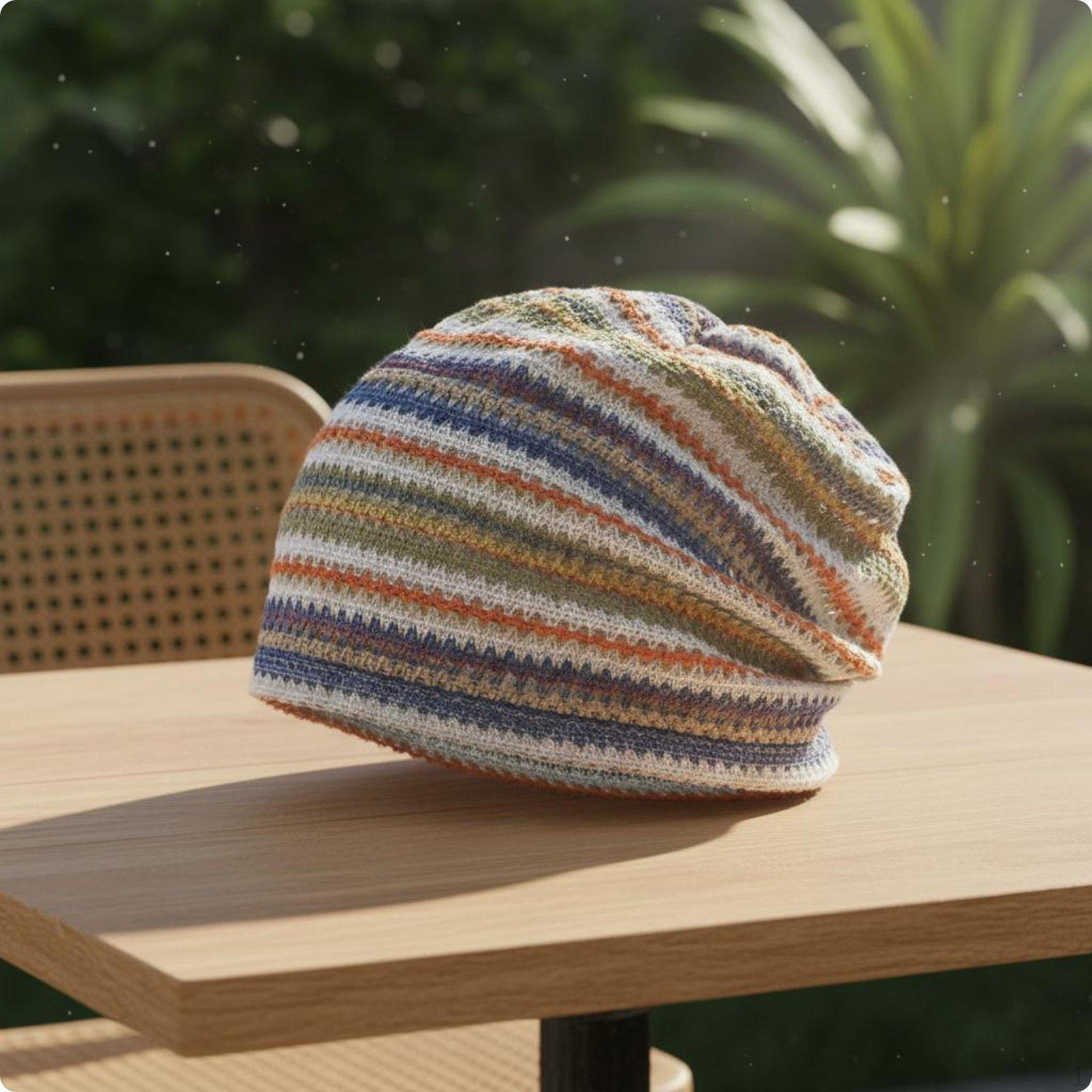 Breathable Summer Hat Soft Striped Lightweight Openwork Knit for Women Blue Beige Orange