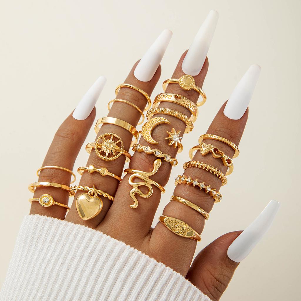 Fashion Jewelry Vintage Carved Sun Feather Cross Black Gemstone Ring Multi-piece Set Set