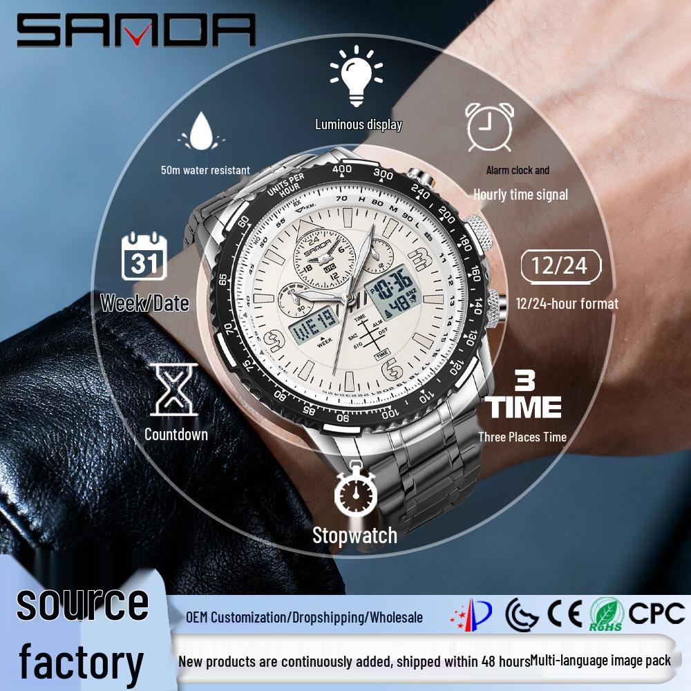 Sanda Men's Large Dial Multi-Function Sports Watch with Luminous Alarm, Versatile for Mountaineering and Student Use