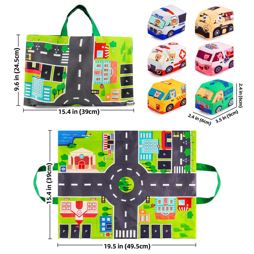 Baby Montessori Weiches Auto Spielzeug mit Karten Spielmatte und Aufbewahrungstasche