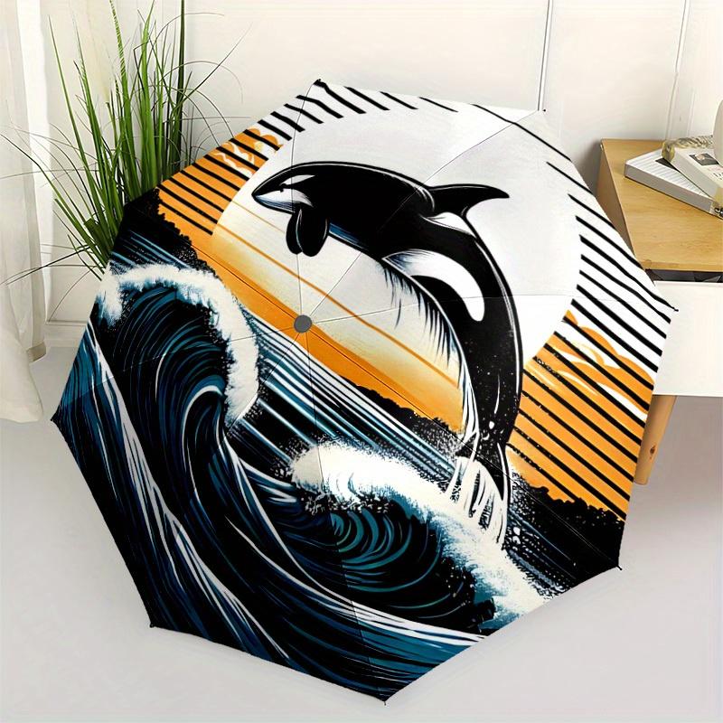 1pc Whale Waves Auto Open/close, All-Season Portable Folding Umbrella for Women & Men, Travel, Everyday, Formal Events - Compact Luxury Parasol, Outdo