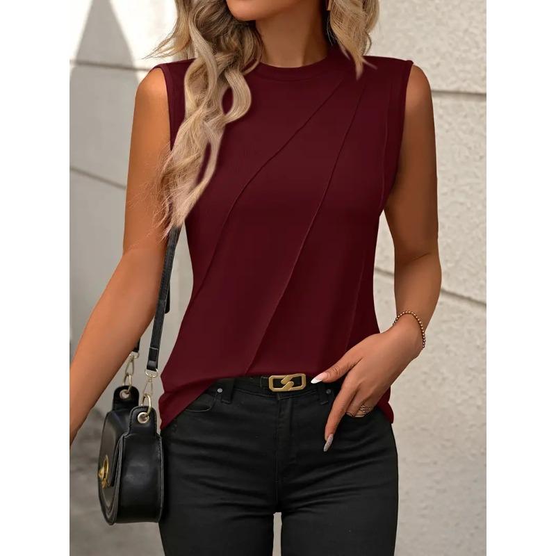 JPNTKY Women's Fashion Casual Solid Color Print O-Neck Sleeveless Blouses & Shirts
