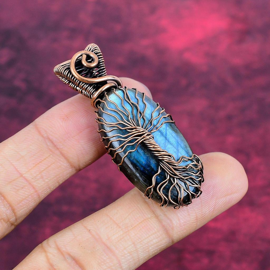 Tree Of Life Labradorite Gemstone Pendant Handmade Copper Wire Wrapped Pendant
