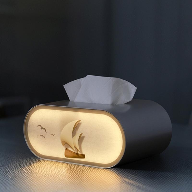 Modern Artistic LED Tissue Box Holder Large Opening Napkin Storage Box with Night Light for Smooth Pulling Enduring
