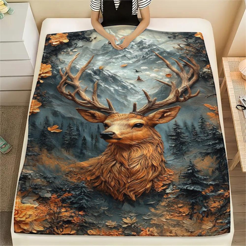 1Pc Vintage Deer Art Print Flannel Blanket, High Quality Comfortable for All Seasons, Home Decor, Warmth and Comfort, Perfect for Gifts