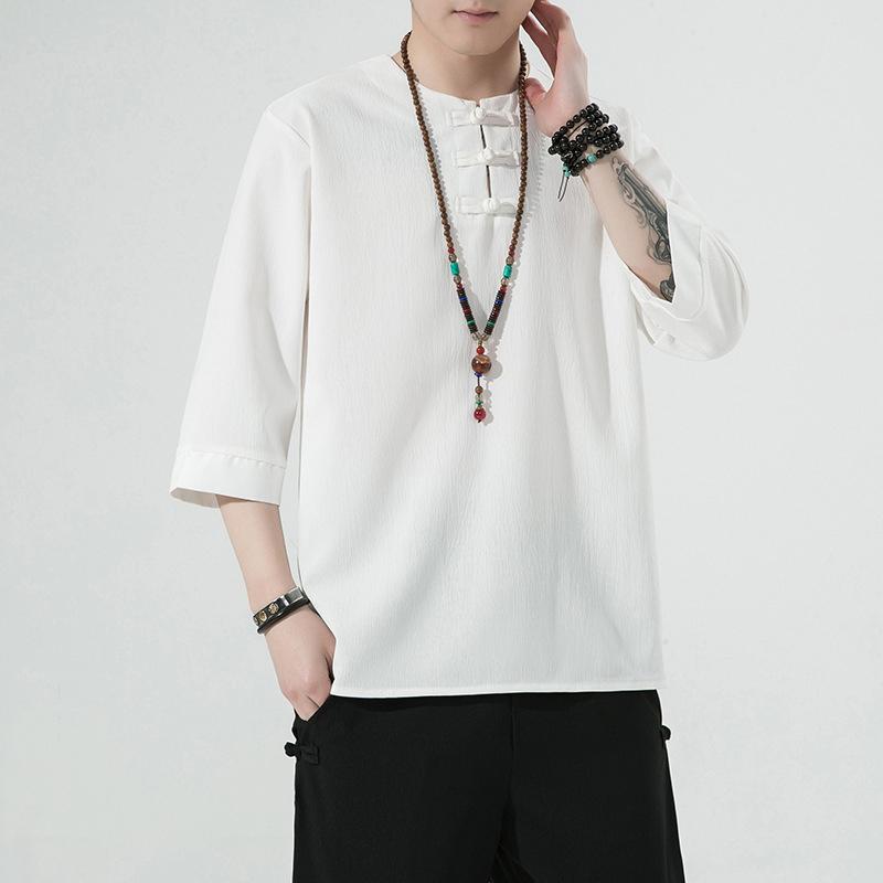 Men s Summer Retro Hanfu Buckle Fashion Men s Casual Seven Quarter Sleeve T Shirt M белый 2990₽
