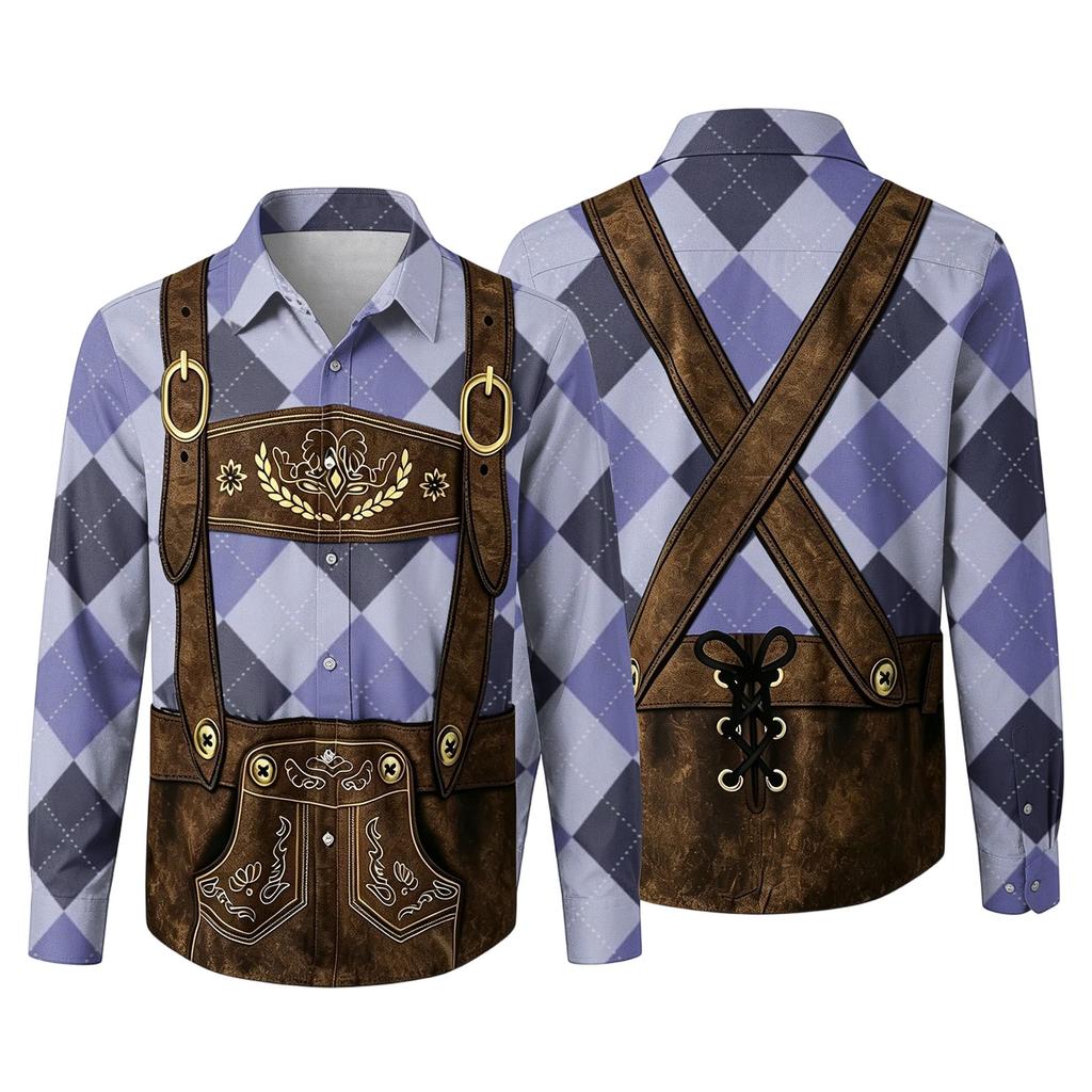 Herren Oktoberfest 3D-Druck Locker geschnitten Langarmhemd Mit Kragen Durchgeknöpftes Hemd Vintage Lässig Atmungsaktives Hemd für die Arbeit im Freien und Party