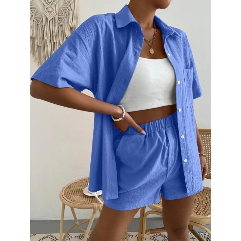 Cotton and Linen Fashion Set, Solid-color Pocket Patch Off-the-shoulder Shirt and Shorts, Solid-color Short-sleeved Shirt