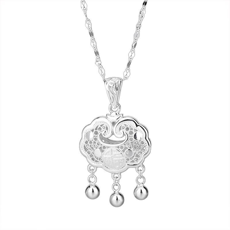 SHIAI S925 Sterling Silver Peace Lock Fu Character Retro Clavicle Chain Pendant