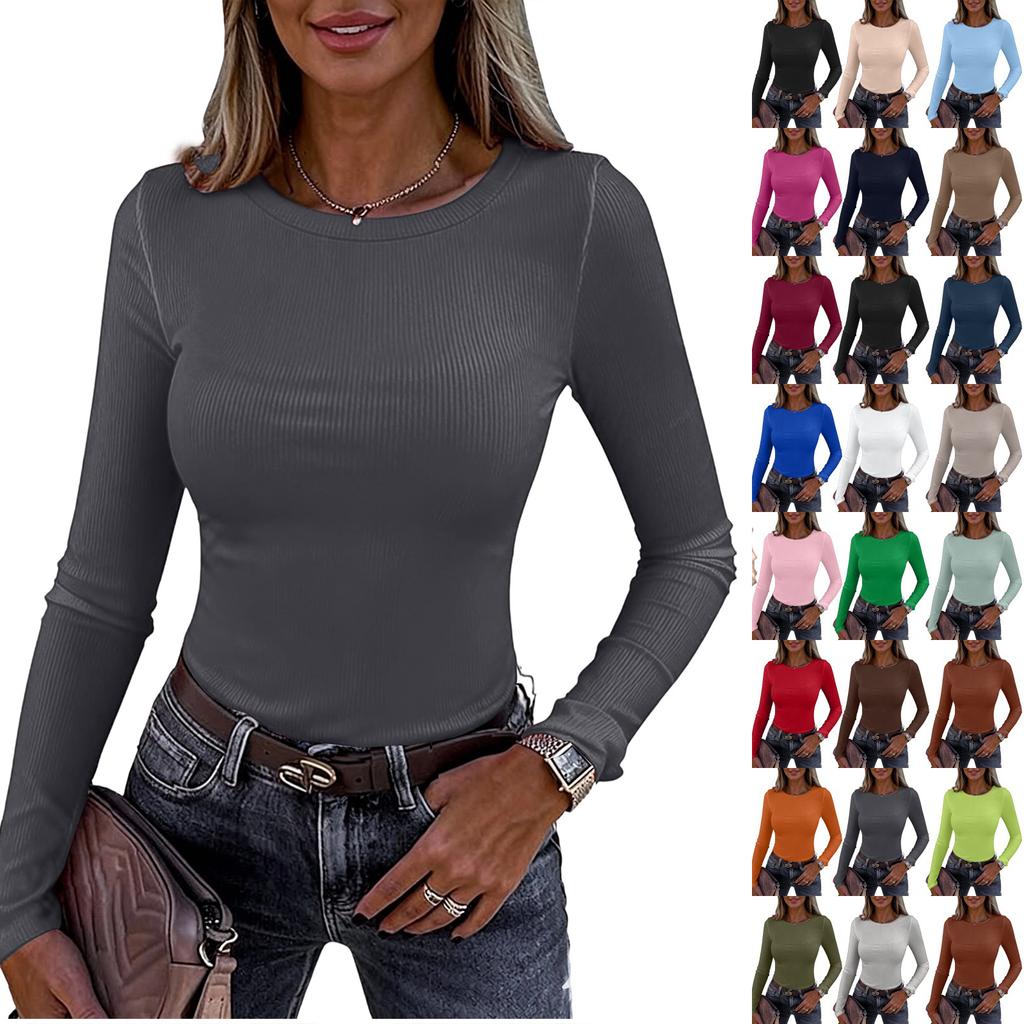 Women's And Winter Slim Bottom T-shirt Fashion Casual Color O-Neck Pullover Long Sleeve Top