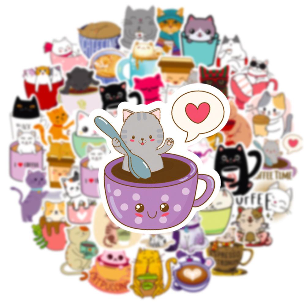 50 PCS Cartoon Hand-painted Cat Coffee Stickers Decals Laptop Mobile Phone Luggage Skateboard iPad Children's Toys Waterproof St