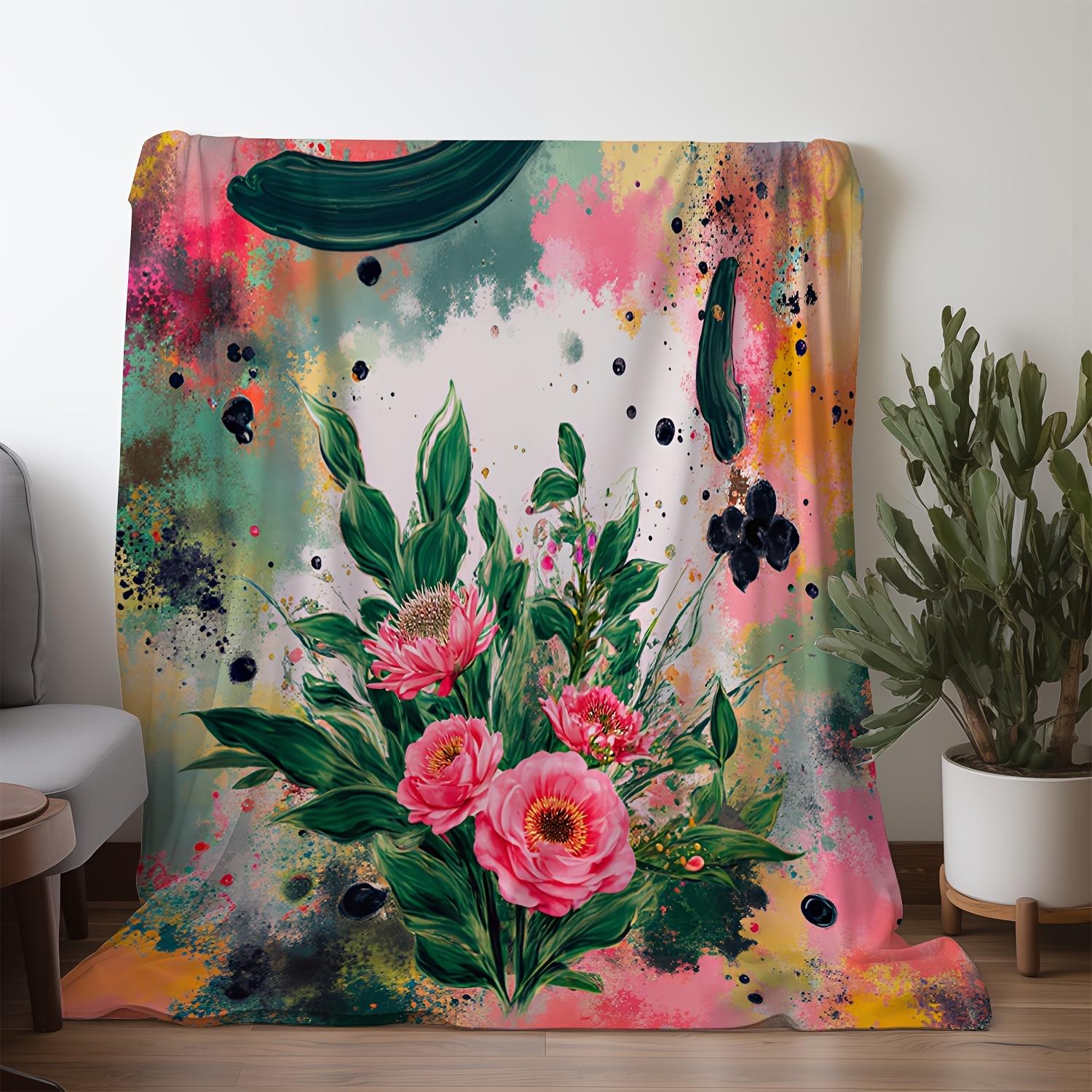 1pc Sdoo Flannel Blanket - Soft Warm Throw with Floral Roses in Pink, Green, Yellow, - All-Season Couch, Bed, Camping, Travel, O 75x90cm