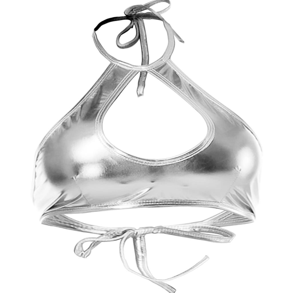 Shiny Metallic Rave Tops for Women Sexy Wet Look Leather Bra Halter Strap Outfit Crop Tops