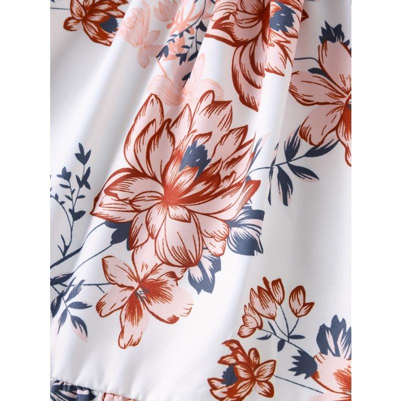 White Waist-Cinching Print Short-Sleeve Round-Neck Casual Dress for Girls