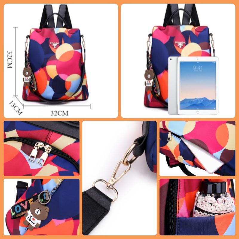 Outdoor Leisure Female Travel Bags Trendy Multiple Purpose Women's Backpack with Bear Pendant Colorful Printed Quality Oxford Shoulders Bag for Mother