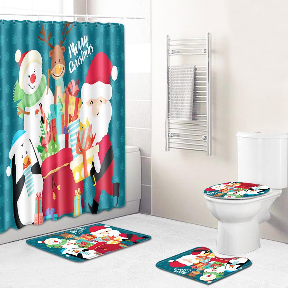 Christmas Shower Curtain Four-Piece Toilet Floor Mat Non-Slip Doormat Water Absorption And Dust-Proof Carpet