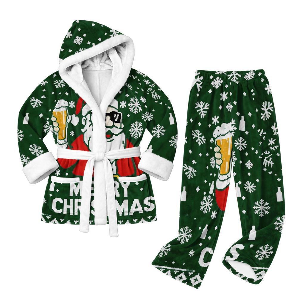 Women's Christmas Santa Drinking Flannel Pajama Set Funny Holiday Sleepwear