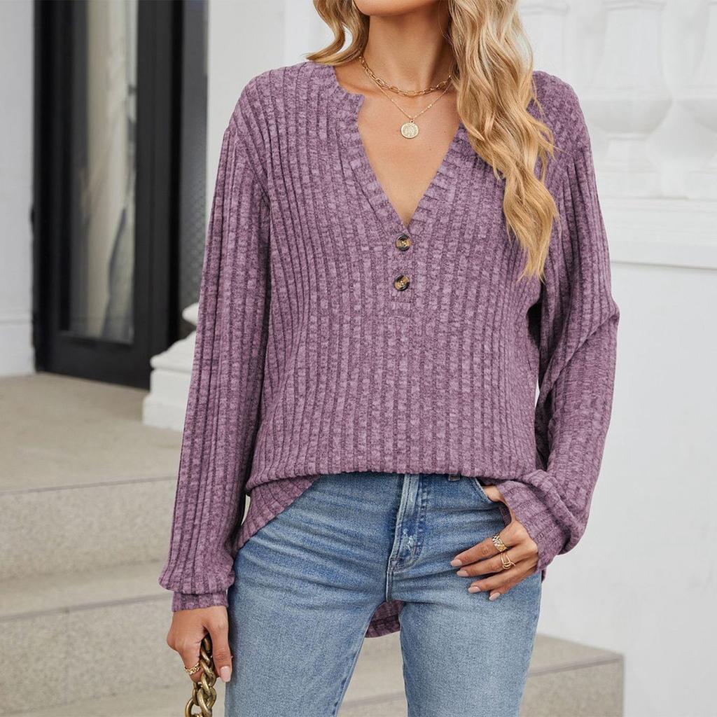 Women's Fashionable Solid Color V Neck Button Long Sleeved Loose T-shirt Top