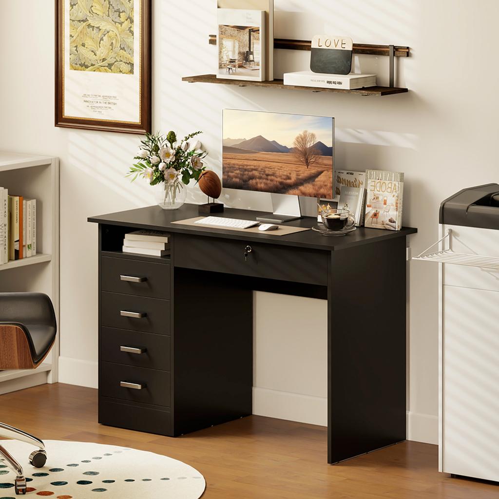 Desk, 5 Drawers, Large Desktop, 1 Open Compartment, Lockable Drawer, 110 x 50 x 76 cm, Black