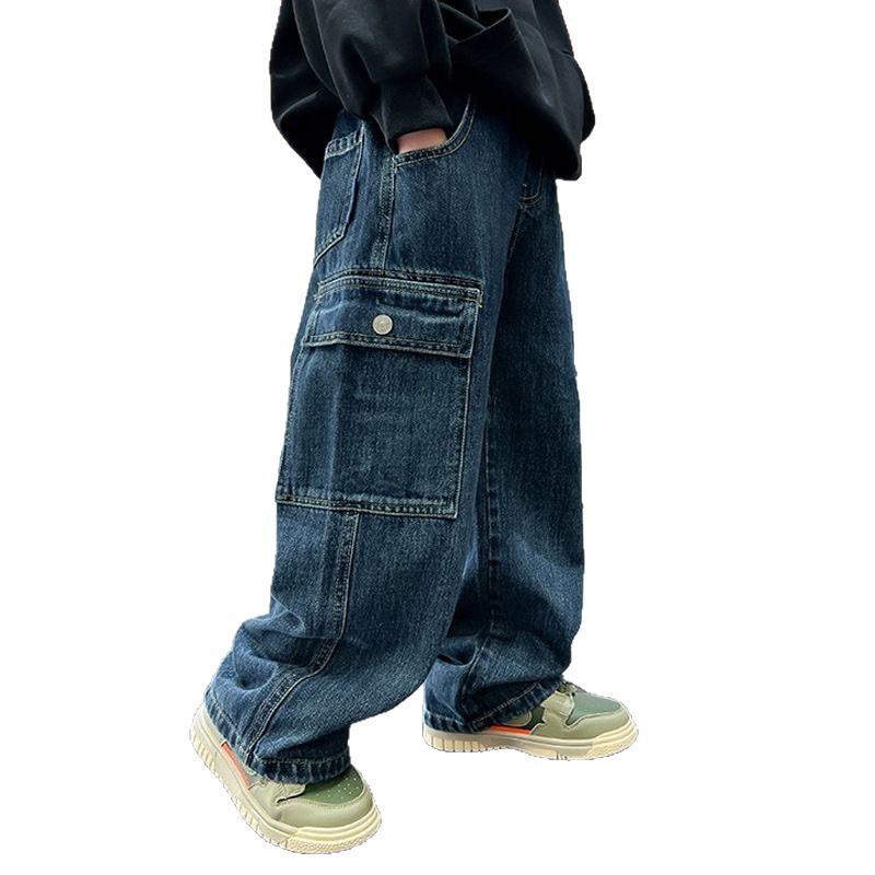 Teen Boys Jeans 2026 New Spring Autumn Pants Children's Straight Trousers Teenager Wide-legged Cargo Pants Kids Loose Clothes