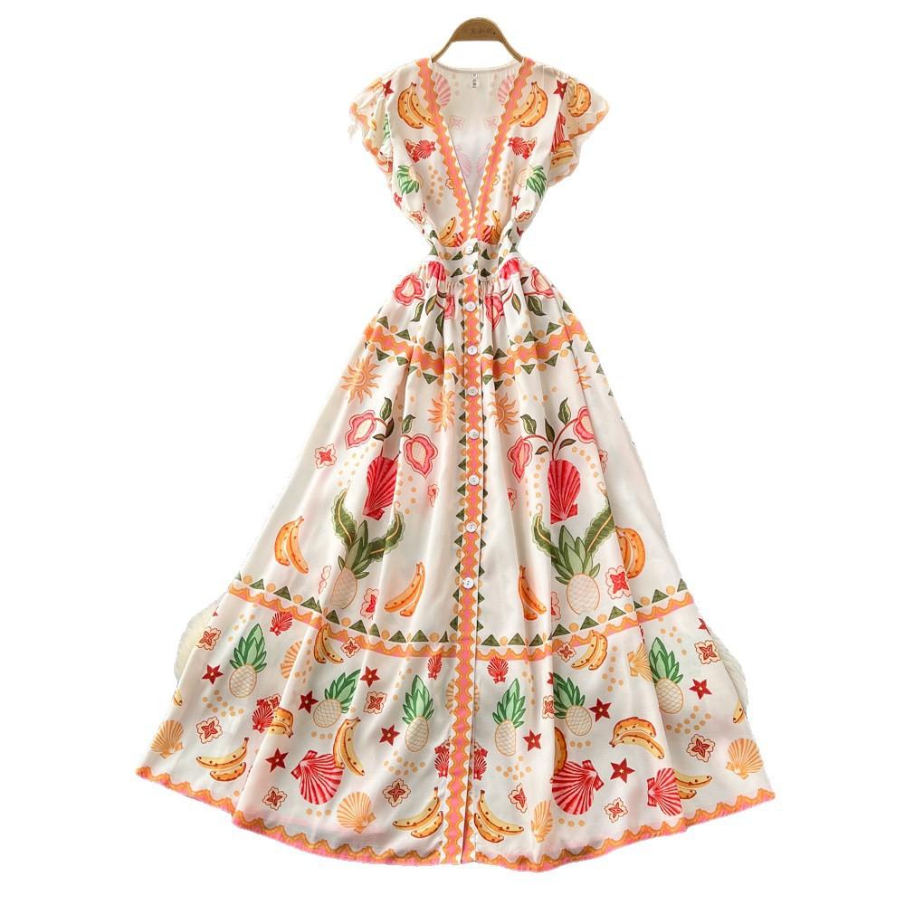 French holiday style V-neck printed small flying sleeve dress women's spring and summer waist A-shaped long dress temperament commuter skirt