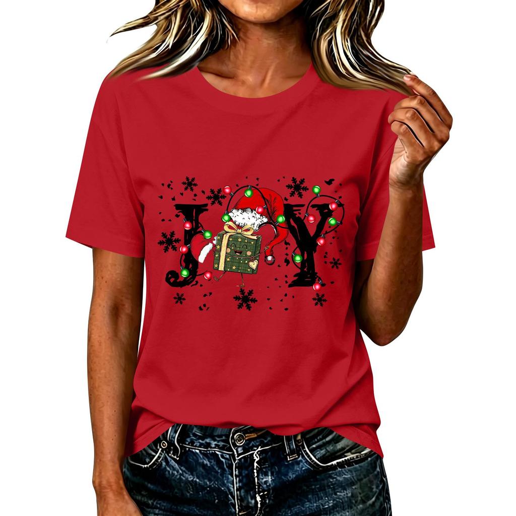 Damen Casual Weihnachten Bedrucktes Kurzarm-T-Shirt mit festlichem Feiertagsdesign
