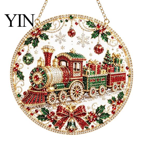 Holiday Art Decoration Christmas Faux Diamond Ornament Kit, Santa Angel Sun Catcher DIY Acrylic Detailed Printed Symbol Design Round Board,