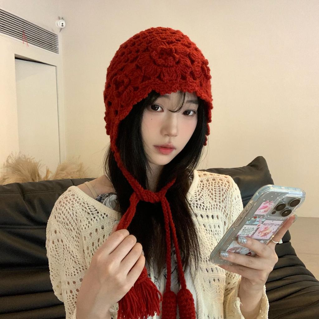 Ethnisch Stil Handgefertigt Hakenblume Hut für Damen im Herbst und Winter Retro Blumen Hohl Gestrickter Hut für Reise Foto Pullover Wollhut