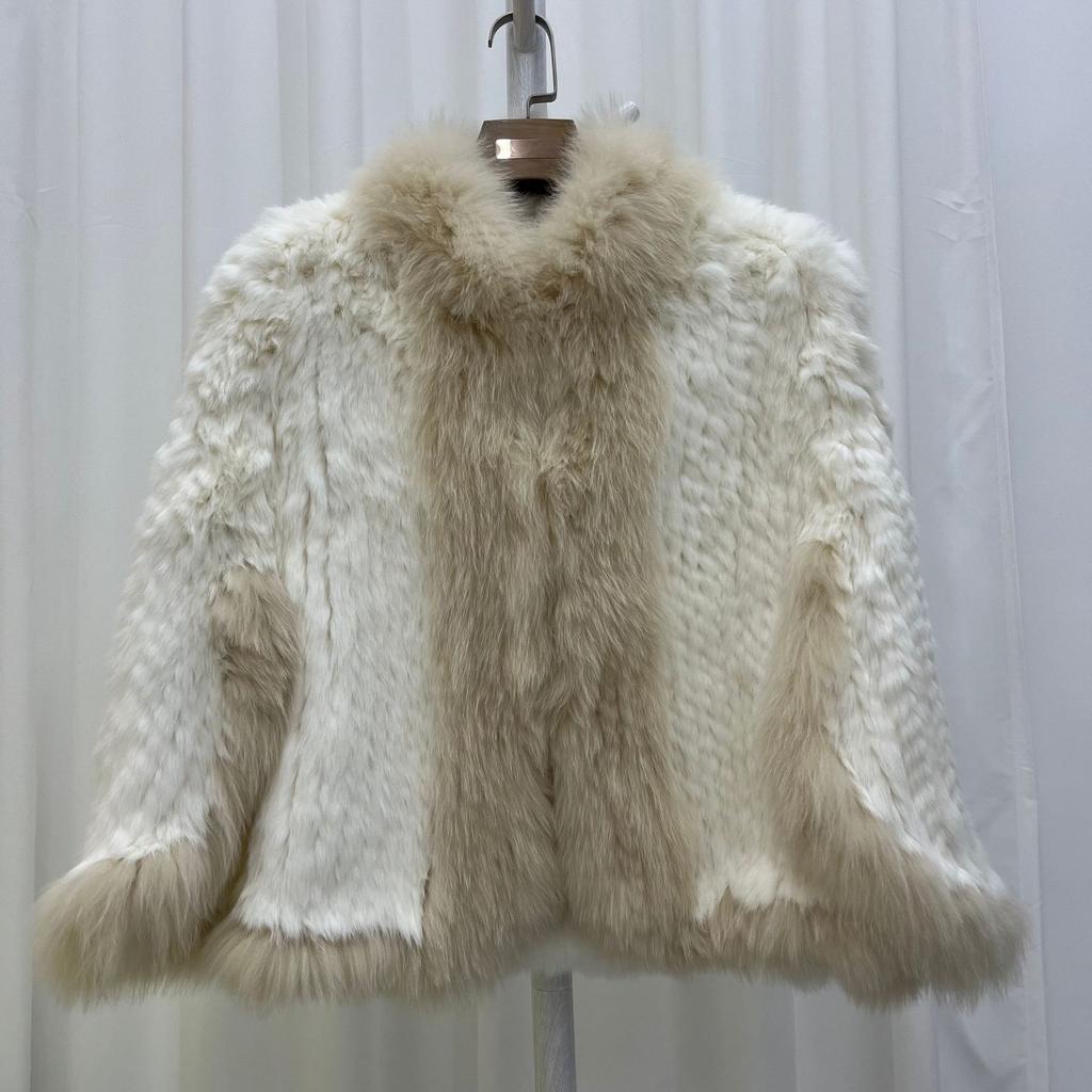 Natürlicher Gestrickter Kaninchenfellschal Mantel mit Fuchsfellkragen Damenmode Strickjacke Cape