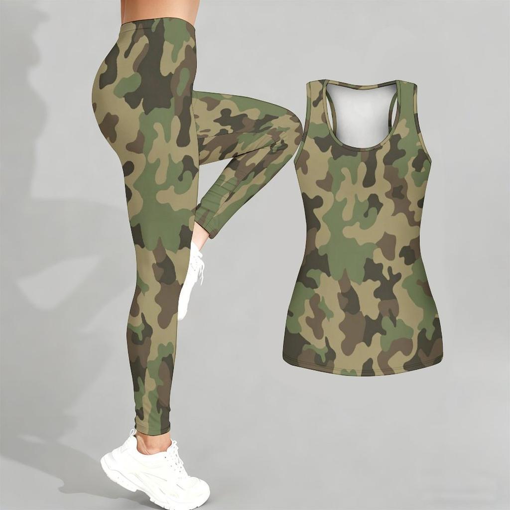 Camouflage Printed Yoga Outfit for Women Fashion Workout Leggings Fitness Sports Casual Yoga Set Sports Suit