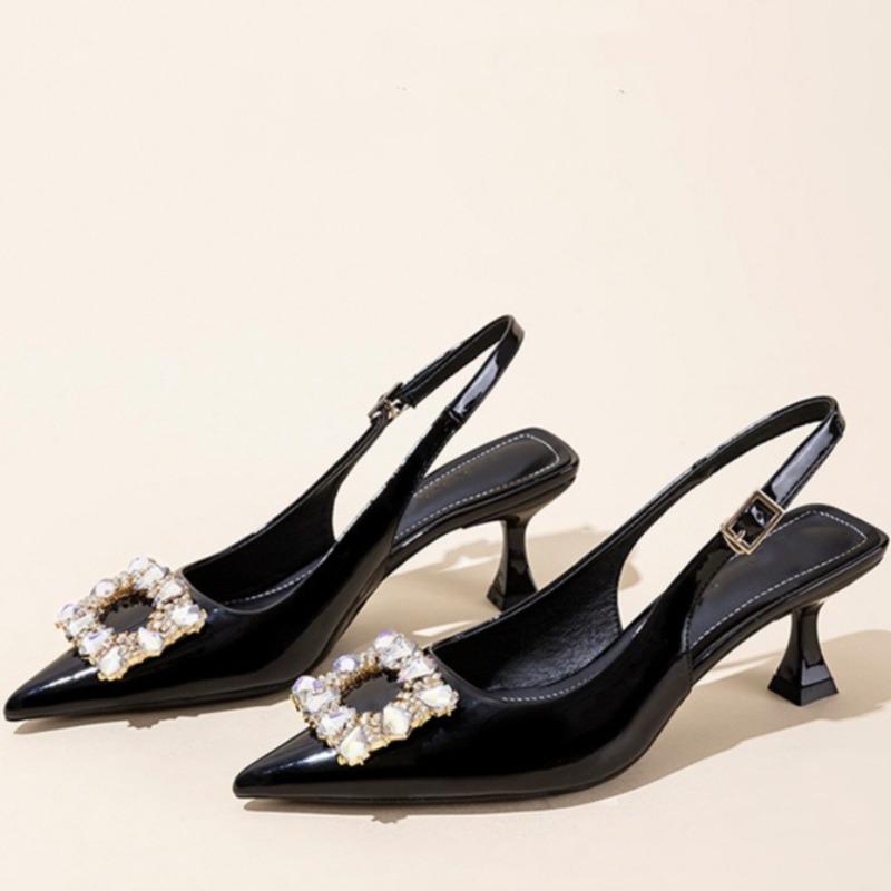 

Fashion Pointed Toe Shallow Mouth Stiletto High Heel Shoes Women s Xia New One-word Baotou Sandals with Rhinestone Buckle 34 чёрный