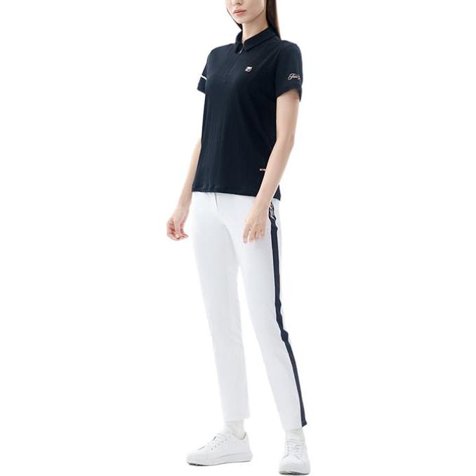 FILA Solid Color Logo Slim Fit Half Zip Short Sleeve Polo Shirt Women tops Black A11W225128FBK