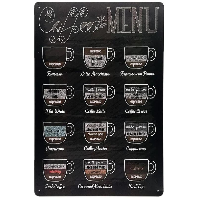 Vintage Shabby Chic Menù Caffè Segno in Latta di Metallo Retro Home Bar Caffè Pub Taverna Decorazione Murale Piatto Decorativo Poster per