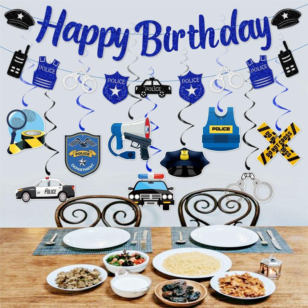 Police-themed party banners, children's birthday decorations, flag-pulling police spiral tags