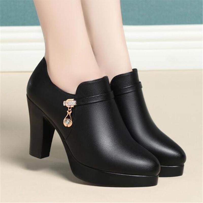 Deep Mouth Block Heels Pumps Women Platform Shoes Fashion Pointed Toe Leather Shoes Woman High Heel Office Shoes Black