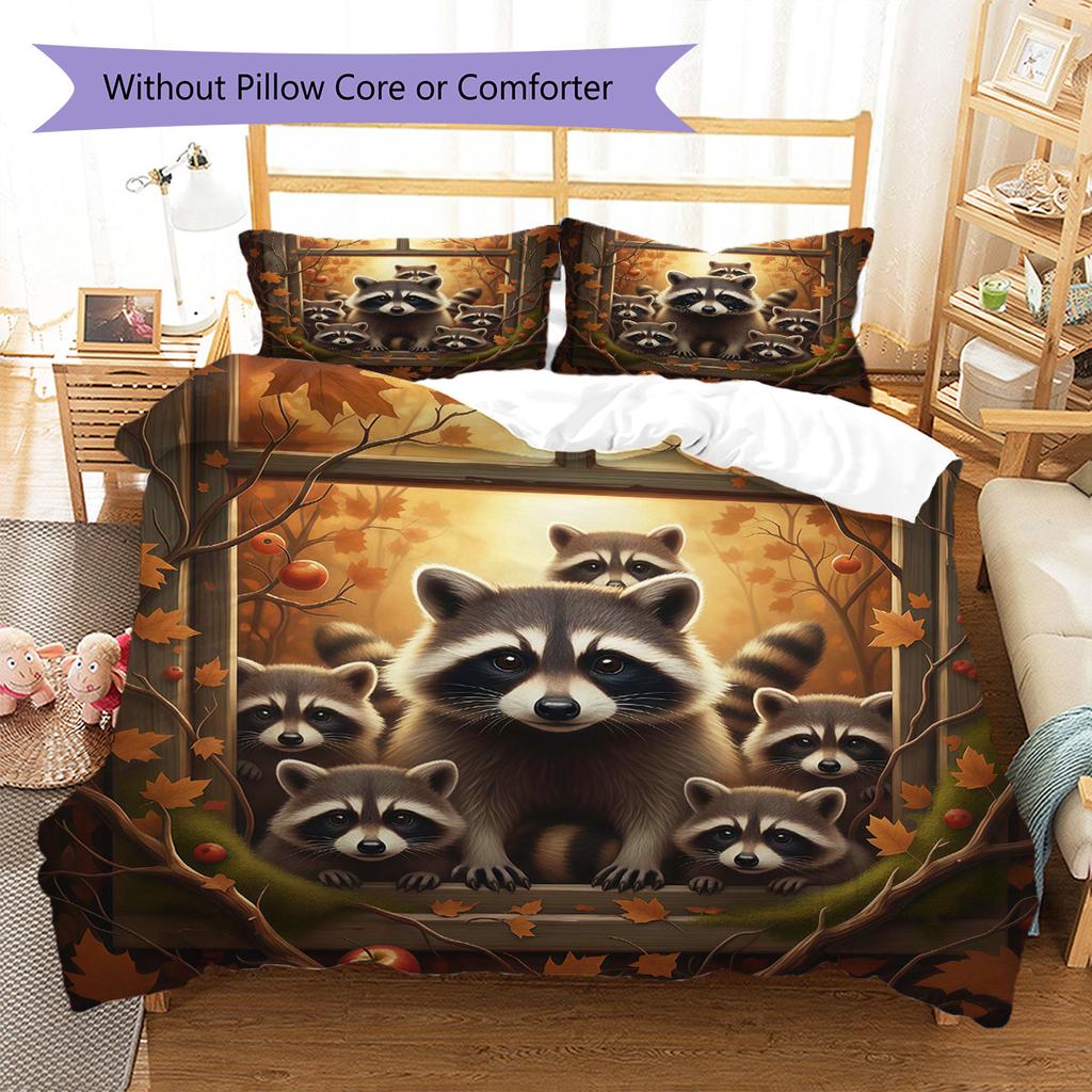 Autumn leaves animals Pattern Bedding Quilt Set Quilt Cover Pillowcase Home Decoration Birthday Gift (1 * duvet cover + 2 * pillowcase, without core)
